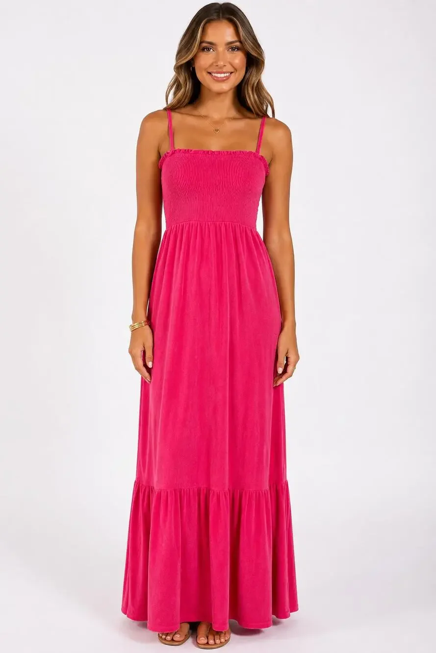 Juicy Couture Smocked Terry Cloth Maxi Dress Pink Womens Size Medium New Y2K